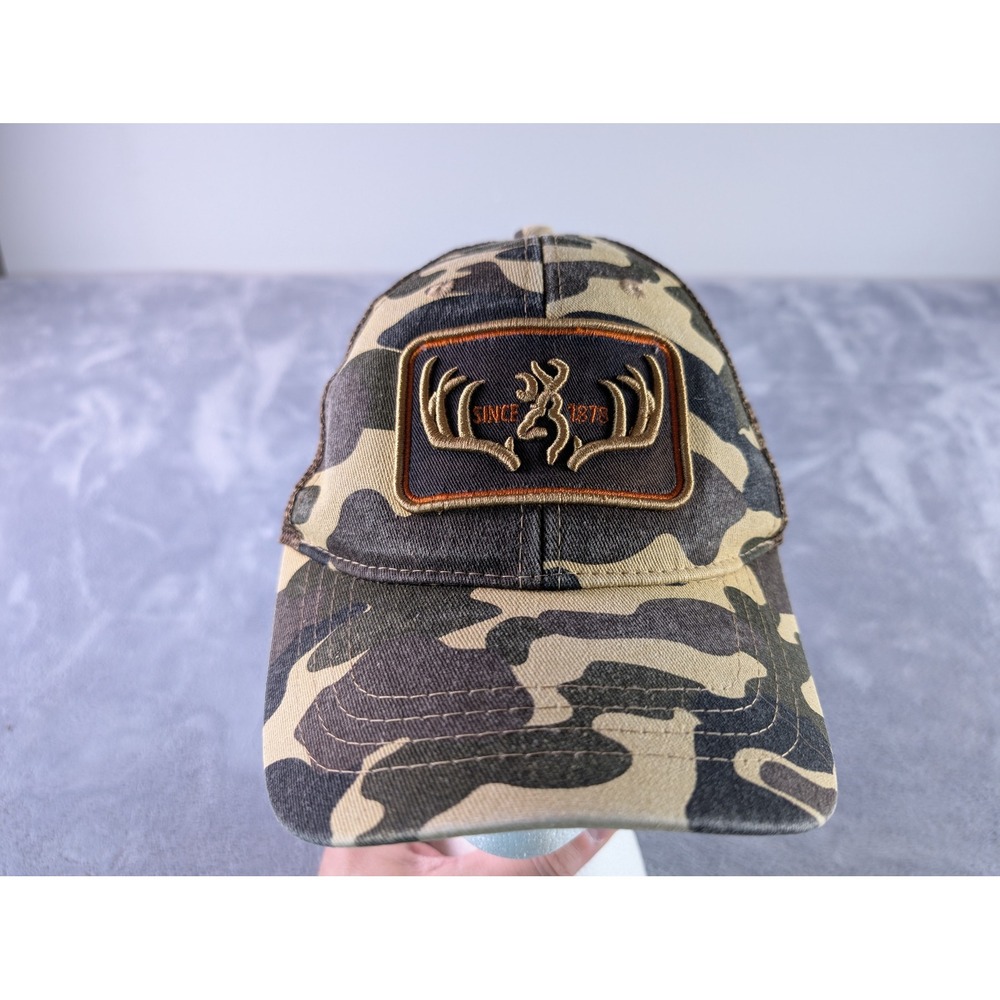 Browning Camo Trucker Hat Mens Brown Mesh Snapback Logo Patch Hunting Cap OSFM